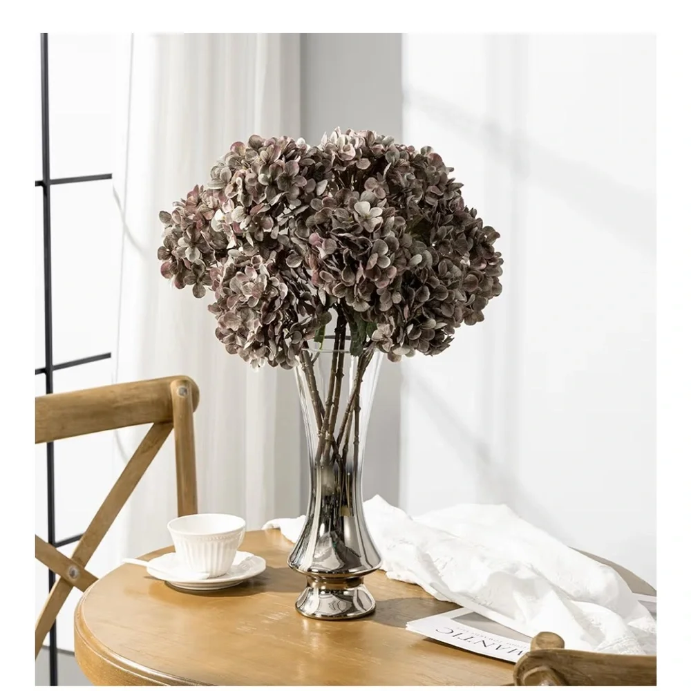 NIB Uqueeten Faux Hydrangea Heads with Stems 8 PCs Mauve/Brown Silk Realistic